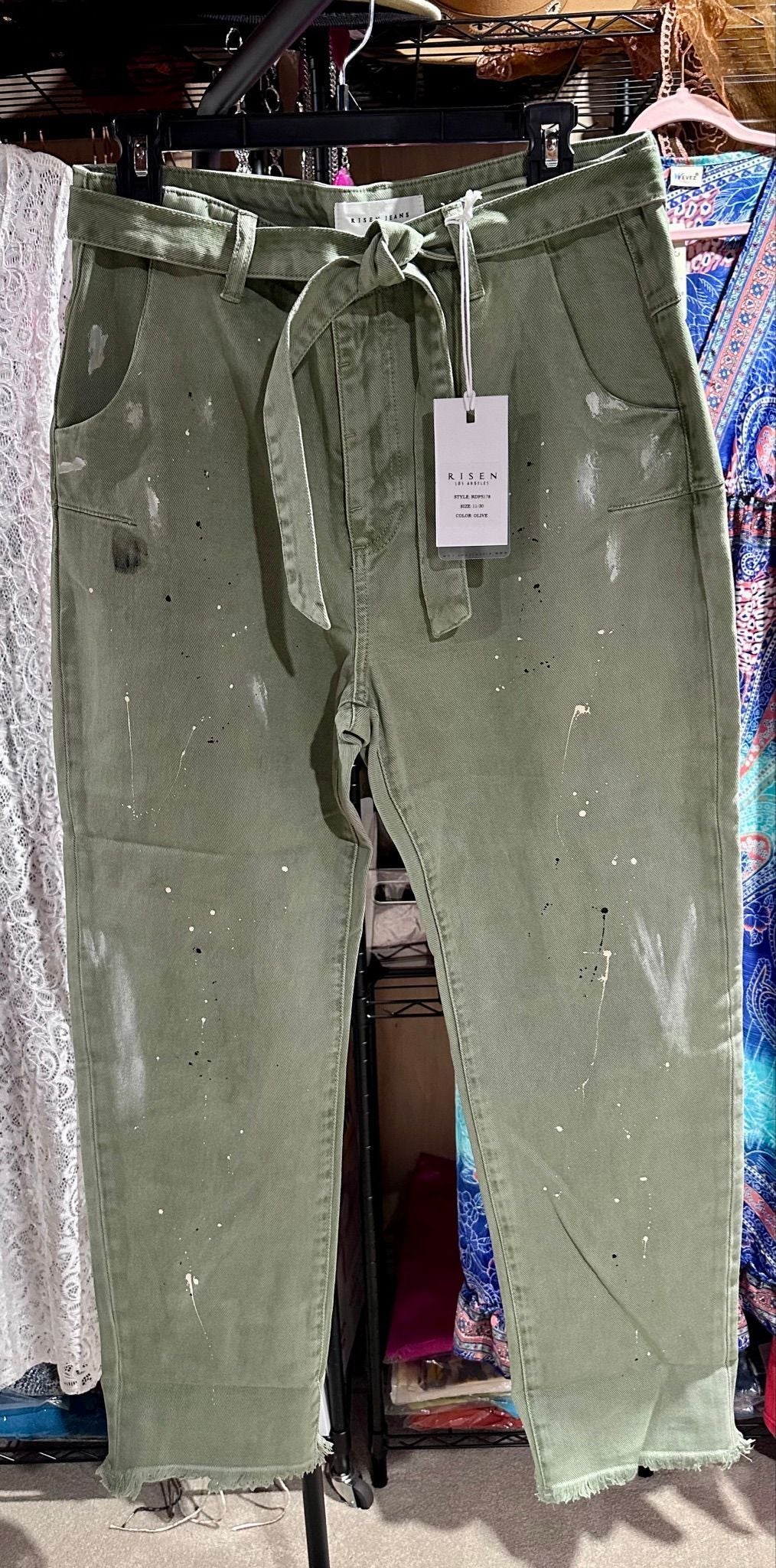 Risen Olive Paint Splatter Tie-Waist Boyfriend Jeans