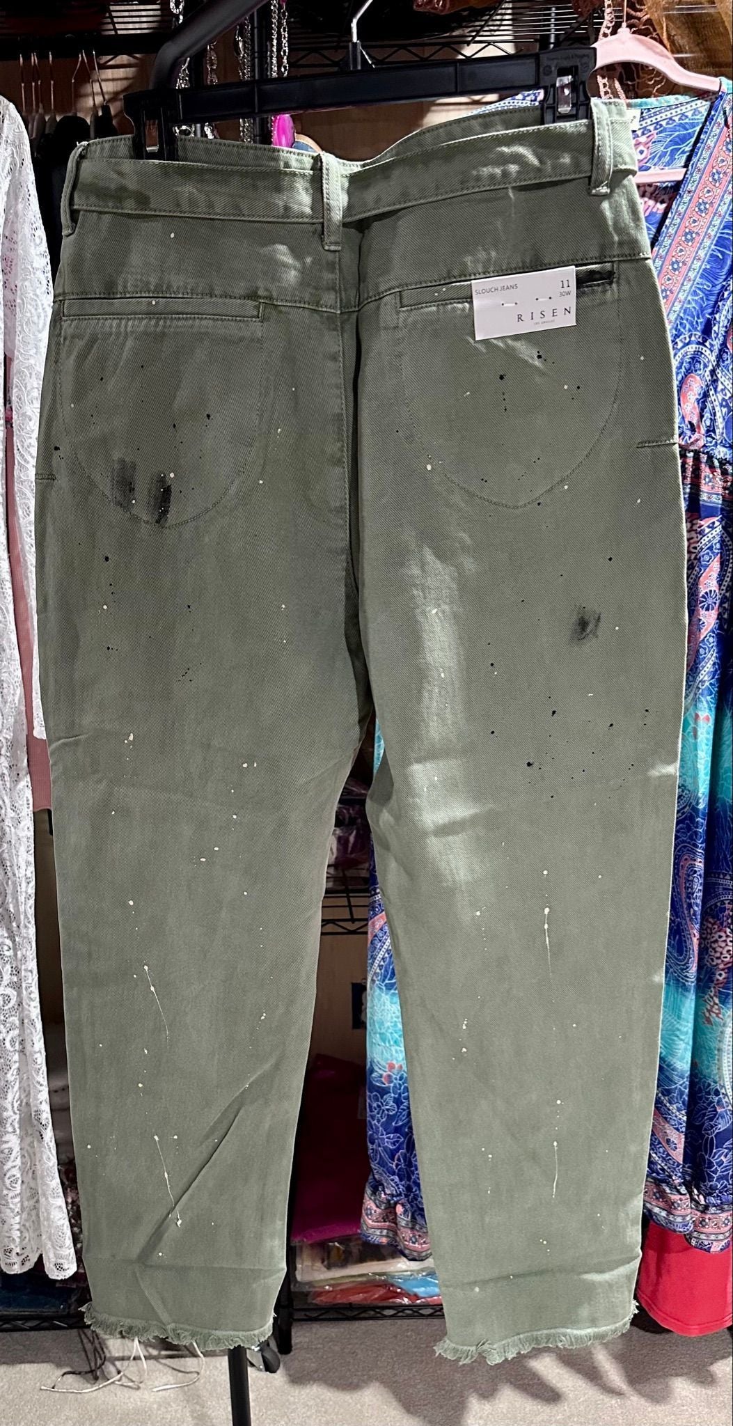 Risen Olive Paint Splatter Tie-Waist Boyfriend Jeans